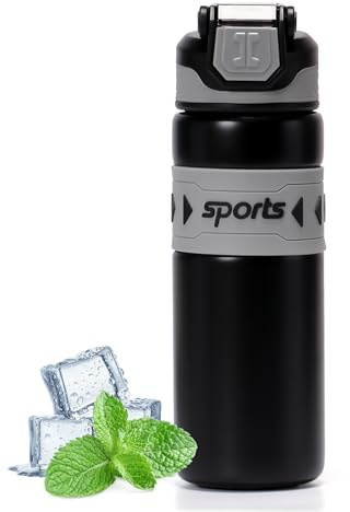 pluseight Insulated Water Bottle 600ml with Straw and Lid Stainless Steel Sports Water Bottles, Leak Proof, Flip Lid, Carry Handle for Gym, Travel, Sports (Black)