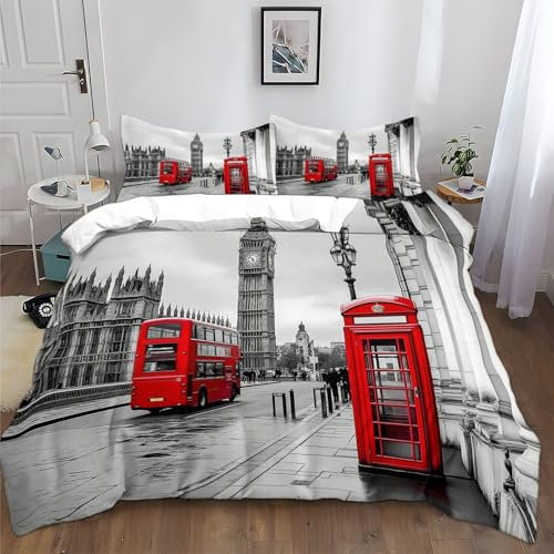 Bettwäsche 135 x 200 cm Mikrofaser Bettbezug Set Fotografie London Bus Big Ben Weich Bügelfrei Atmungsaktiv Schwarz Und Weiß Bettwäsche-Sets, Für Kinder Erwachsener Mit Reißverschluss Und Kissenbezug