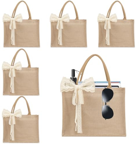 Karinoos 6pcs Burlap Tote Bag Set with Handles, Waterproof Reusable Blank Grocery Bags with Ribbon Large Jute Tote 15.35 * 6 * 12 Inch for Women Bridesmaid Gift Beach Pool Shopping Wedding Travel DIY