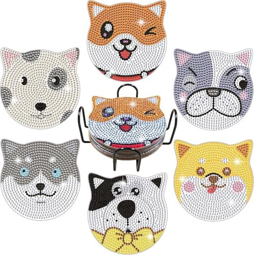 Diamond Painting Dessous de Verre, Frundoo 8 Pièces sous-Verres Art de Diamant avec Support Kit de Broderie au Diamant Kits de Peinture au Diamant Décoration de Table pour l'artisanat (6pcs-Chiot)