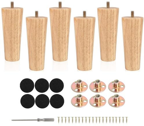 Holz Tischbeine, 6 Stück 12CM Möbelfüße Holz mit Montageplatten & Schrauben, Massivholz Konisch, Ersatz Möbelfüße Sofafüße Sockelfüße Tischfuß Aus Eiche, Möbelbeine für Stühle Bett Schrank Couch Stuhl