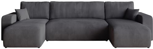 BROMARKT Sofa mit Schlaffunktion Couch U Cordstoff Sofa Bettkasten Wohnlandschaft für Wohnzimmer freistehend PUMI L Relaxsofa 3 sitzer 312x148x82 cm Grau