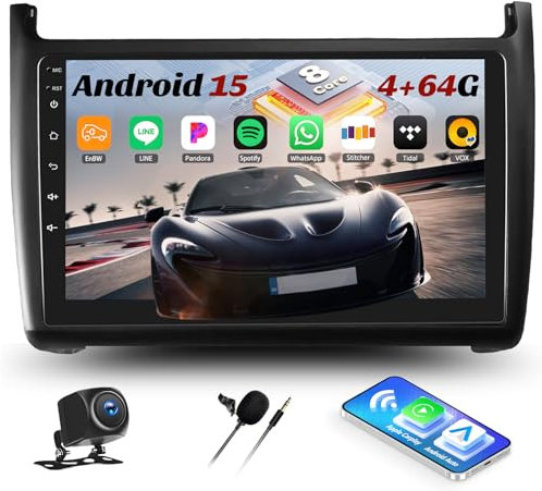 4G+64G 8Core CAMECHO Autoradio Android 15 Qualcomm per VW Volkswagen Polo 2008-2020 con Navi Carplay Android Auto, 9 Pollici Touch Radio 2Din con GPS WiFi Bluetooth FM/RDS Radio SWC Retrocamera&MIC