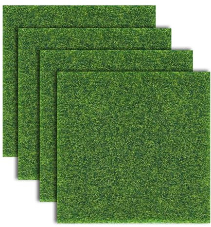 4 PCS Mini Artificial Grass Mats – 15 x 15cm Fake Grass Sheets for Crafts, Modelling, Dolls House, Toy Farm, Micro Landscape Decoration