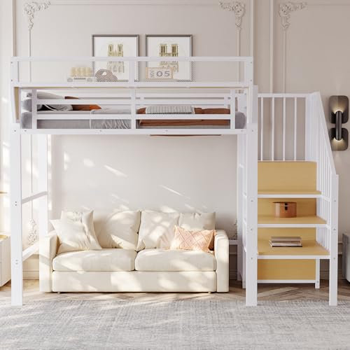 NNJN Hochbett mit Sicherheitsleiter und flexiblem Staufach, Metallbett Erwachsenenbett Kinder-Etagenbett Weiß 90x200cm