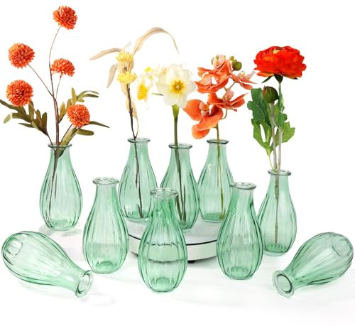 Otauoaea Lot de 10 Petits Vases en Verre, 220ML Mini Vases en Verre Vintage Mini Vase Deko Set Différentes Tailles Vase de Fleurs,pour Décorations de Table Moderne Centres de Table,Vert