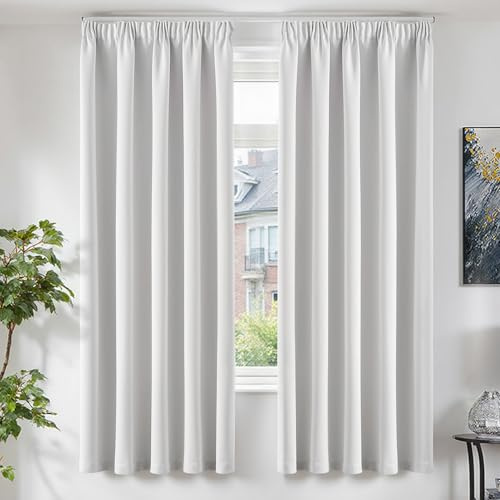 TOPICK Gardinen Vorhänge Verdunklungsvorhänge H200xB140 2er Set Grau-weiß | Gardinen mit Kräuselband Schlafzimmer für Schienensystem Vorhänge Blickdicht Wohnzimmer Blackout Curtains Fenstervorhang