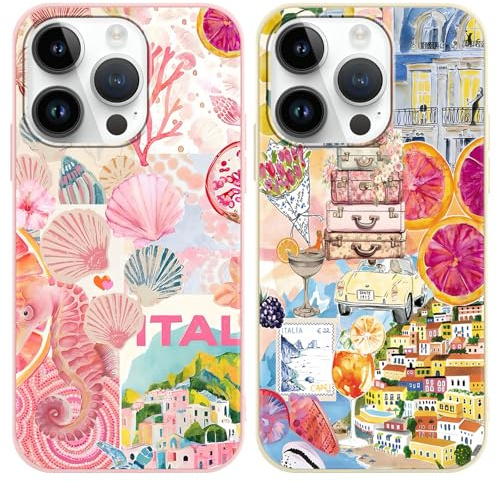 Vxinvnoi 2 Stück Handyhülle für iPhone 13 Pro Max Hülle, Collage Motiv Aesthetic Blumen Obst Bunt Sommer Muster Mädchen Case, Weich Silikon Dünn TPU Bumper Stoßfeste für iPhone 13 Pro Max 6,7, Rosa