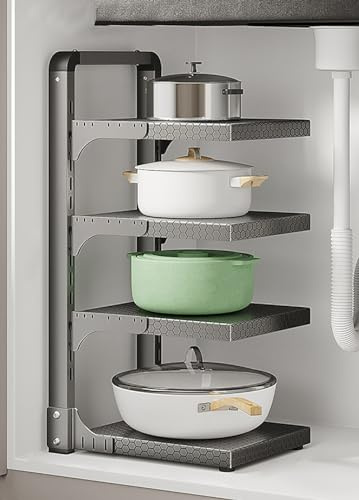 Pots and Pans Organizer Rack for Cupboard and Counter, Adjustable Storage for Heavy-Duty Pots and Cast-Iron Pans, Carbon Steel Construction