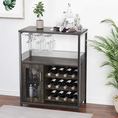 Armoire de Bar à Vin à 3 Niveaux, avec Casier à Vin Amovible et Espace de Rangement, Armoire de Buffet avec Porte en Verre et Porte en Filet, Pour la Cuisine, le Salon et le Bar (Bois Foncé)