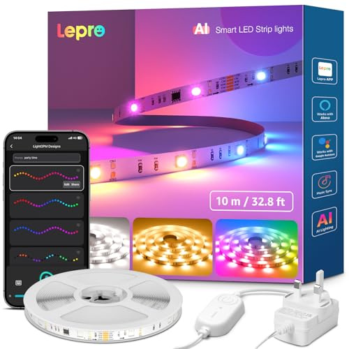Lepro S2 AI Smart LED Strip Light 10M RGBWW+IC, App & Voice Control, 2400LM | Warm to Cool White 2700-5700K, Works with Alexa & Google Home, Music Sync, Multicoloured Lightstrip for Bedroom, Room Decor