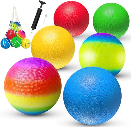 comethu 8.5 Inch Playground Balls Dodgeballs for Kids & Adults, Pack of 6 – Inflatable Colorful Rubber Kickball with Ball Pump and Net Bag