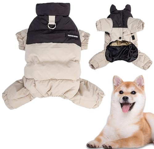 Duuclume Winter-Hundemantel mit Stehkragen, winddicht, wasserdicht, warme Hundejacke für kaltes Wetter, vierbeiniger Haustier-Schneeanzug (Beige, L)