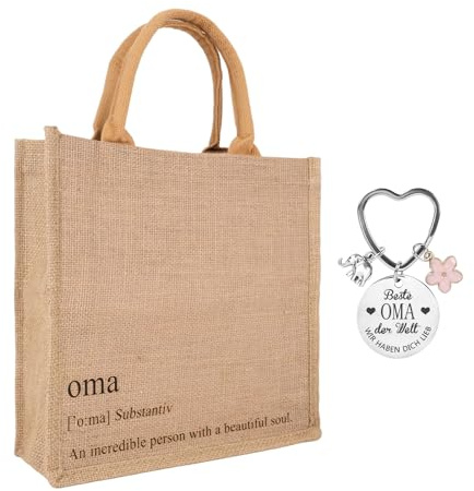 Geschenk für oma, 2er Set Jute Handtasche mit Schlüsselanhänger, Geschenke für Oma Muttertagsgeschenk, von Enkel Enkelin, Beste Oma der Welt – Wir haben Dich lieb“ Weihnachten & Muttertag