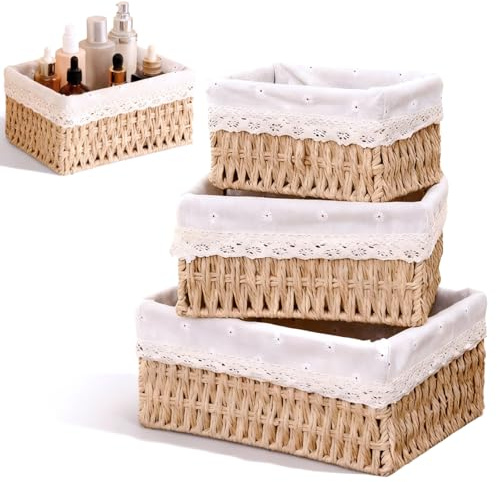 3 PCS Woven Storage Baskets, Wicker Basket Boho Small Basket Seagrass Storage Baskets with Removable Liners for Home Kitchen Bedroom Bathroom Desk Cosmetics Toys Organiser