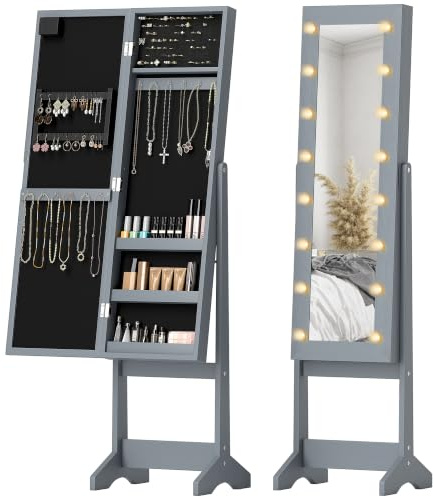 HOMCOM Schmuckspiegel mit LED-Beleuchtung, Schmuckschrank, freistehender Schmuckschrank mit Spiegel in voller Länge, verstellbarer Winkel, mit Ablagen, Ringfächern, grau