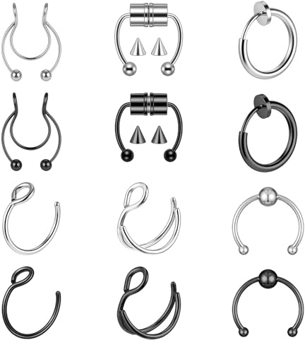 12 Stück Fake Nasenpiercing Damen Fake Septum Piercing | Fake Nasenringe aus Edelstahl Nasenring zum Anclipsen ohne Piercing für Damen und Herren