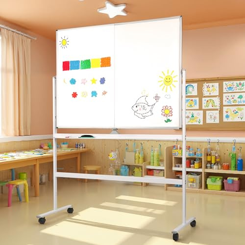Tableau Blanc Effaçable sur Pied 126 x 90 cm, Grand Tableau Magnétique Double Face avec Marqueurs et Accessoires, Paperboard Aluminium pour Bureau, Maison ou École (126 x 90 cm)