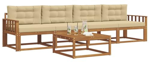 vidaXL Outdoor-Sofagarnitur mit Kissen 5 pcs Natur und Beige, Stylische Gartenmöbel, modernes Sofa-Set, langlebige Möbel für Poolbereich, Bequeme Sitzgelegenheiten für die Terrasse