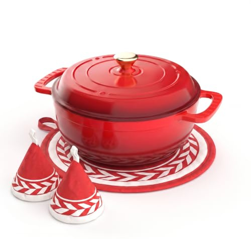 ROVSON Enamelled Cast Iron Dutch Oven, Casserole Dish with Lid and Silicone Gloves, Oven Safe Pot for Bread Baking, Braising and Stews (Cherry Red, 5QT)
