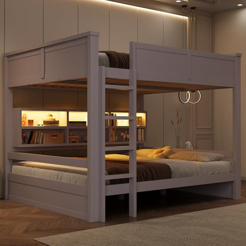 Huayz Letto a castello e letto a soppalco 160x200 cm, con armadietti di stoccaggio e luce LED, letto multifunzionale, costruzione stabile, ringhiera di sicurezza e spazio di archiviazione pratico, in