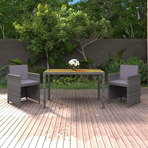 PUGYNBK 3-TLG. Garten-Essgruppe Poly Rattan Grau mit Kissen, PE-Rattan Esstischgruppe mit Akazienholzplatte und 2 Stühlen, klappbare Rückenlehnen, platzsparend verstaubar, für Garten