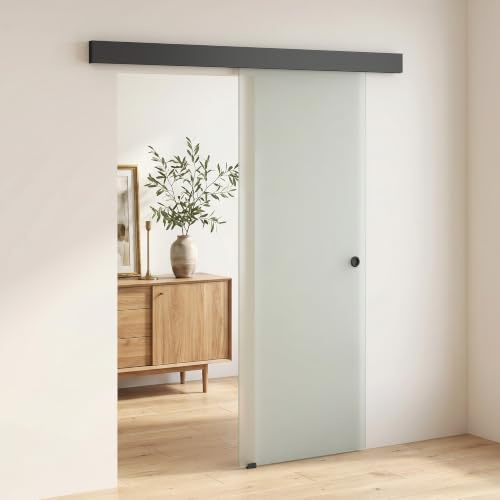 HOMCOM Porta Scorrevole Interna Muro 77.5x205 cm in Vetro Smerigliato | Binario Silenzioso in Lega di Alluminio, Kit Ferramenta, Maniglia, Guida, Porta da Interno, Stile Industriale, Bagno, Ufficio