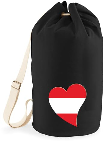Huuraa Seesack Österreich Flagge Herz Geschenk | Tasche 20 Liter Strandtasche Black Baumwolle Rucksack Geschenkidee Schwarze Sporttasche Duffle Bag mit Kordelzug Verschluss