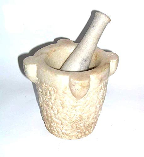 Antiguo mortero de mármol con mano especial, para farmacia, decoración o cocina.