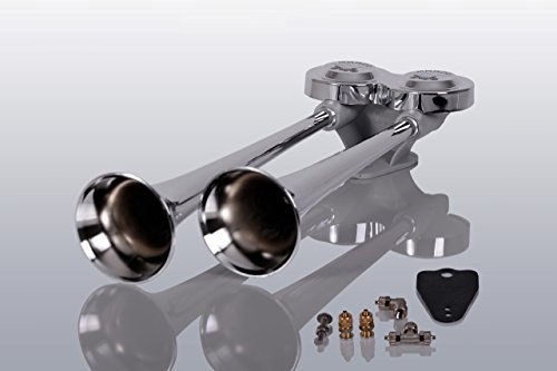 Marco LKW Druckluft Doppelhorn 38cm und 42cm lang (Trichter aus hochglanzverchromten Messing) + Magnetventil 12 Volt inklusive Anschlussmaterial