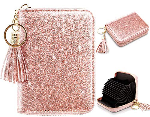 Coco Rossi Petit Portefeuille pour Cartes de crédit RFID à Paillettes pour Femme, Rose pailleté, S, Minimaliste