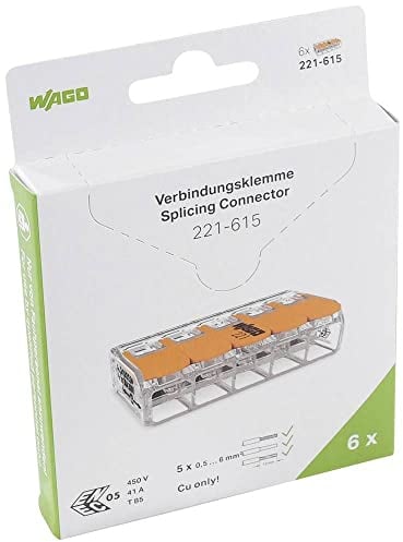 WAGO Verbindungsklemmen 221-615 | 5-polig, bis 6 mm², COMPACT Kabelverbinder mit Hebel für alle Leiterarten weltweit, bestätigte Anwendungssicherheit, 6 Stück