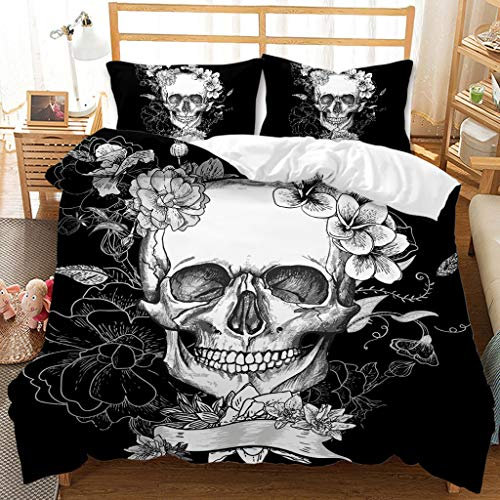 JXING Bettwäsche Set mit Totenkopf & Blumen Motiv, Bettbezug Set Skull & Rosen aus Mikrofaser Halloween Decor Totenkopf und Kissenbezug (A5, Single-135 x 200 cm)