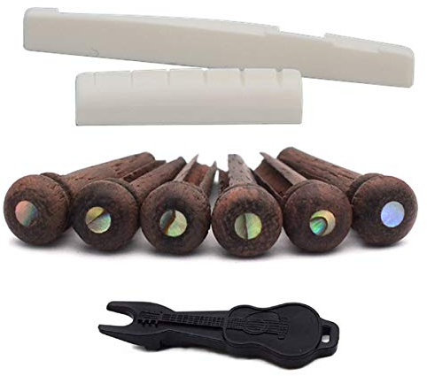 Alnicov Ensemble de sillet de chevalet et de tête en os pour guitare acoustique et 6 chevilles en bois de rose avec tire cheville pour guitare acoustique à 6 cordes