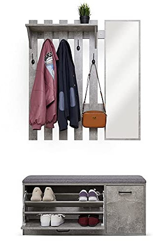Mondeer Coat Rack with Shoe Storage, Hallway Furniture Set with Mirror Height Adjustable Industrial Style for Hallway Entryway (Grey)