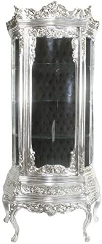 Casa Padrino Barock Vitrine Silber/Schwarz 80 x 40 x H. 200 cm - Prunkvoller Barock Vitrinenschrank mit Glastür und wunderschönen Verzierungen - Barock Möbel