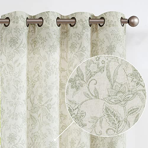 Vangao Farmhouse Vorhänge für Wohnzimmer, Leinenvorhänge, 228 cm lang, 2 Paneele, Set für Schlafzimmer, Fenster, Landhausstil, Blumenmuster, Botanisch, Vintage, Retro, Ösenvorhang, Grün auf Beige