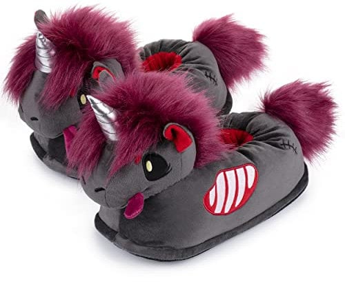 corimori – Doomy das Zombie-Einhorn, Unisex Einhorn-Hausschuhe für Erwachsene, leuchten im Dunkeln, Einhorn-Pantoffeln, Grusel-Puschen, Horror Accessoire, EU Einheitsgröße 34-44, anthrazit/rot