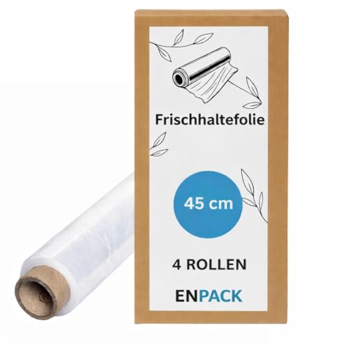 Enpack Frischhaltefolie transparent aus PE - 4 Rollen - 300m lang x 45cm breit - Großrollen Klarsichtfolie reißfest - Küchenfolie Profi-Rollen