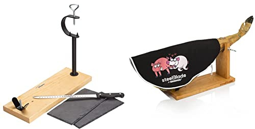 Steelblade Jamonero en Madera Lacada, Cuchillo Jamonero 28 cm Cubre Jamón Kukuxumusu Algodón 50% Funda Extra Largo de 55 cm Ideal Tanto para Jamones como Paletas Modelo Pata Negra