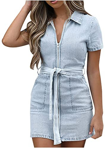 TRIGLICOLEUM Jeanskleid Damen Klassisches Einfarbiges Hüftkleid Mode Etuikleid mit Reißverschluss Minikleid mit Umlegekragen Strandkleid mit Gürtel Taschen Party-Kleid Sommerkleid mit Kurze Ärmel