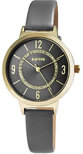 Raptor Lieke Damen-Uhr Leder Similistein Dornschließe Analog Quarz RA10228 (grau)
