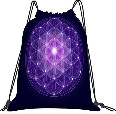 DELURA Rucksack mit Kordelzug,Dunkelblau, Blume des Lebens mit Sternen Spirituelles Symbol Heilige Geometrie Uralt, D,Kordelzug-Sackpack für Sport, Yoga, Reisen, Cinch-Tasche mit Reißverschlusstasche