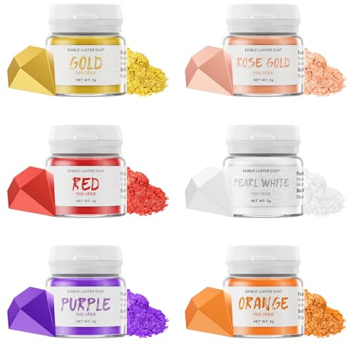 Wwtop Essbarer Glitzer - 3g x 6 Farben Glitzerpulver für Getränke, Gold Roségold Perle Weiß Orange Lila Rot Lebensmittel Glitzer, Glitzerpuder für Schokolade, Kuchen, Fondant, Cocktails, Drinks
