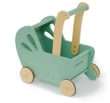 Moover Essential Dolls Pram for Toddlers, Assembly Required, Designed in Denmark from MDF, Push Along Toy, 18 Months +, 44 x 41 x 24 cm, Green and Natural Wood
