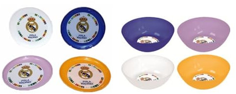 Set de 4 Platos, 4 Cuencos Vaso con Tapa Bebedor y Cubiertos infantiles del Real Madrid Libres de BPA