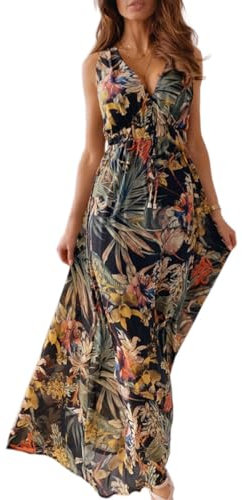 CheChury Women Maxi Dress Summer Sleeveless V-Neck Floral Casual Long Dress Beach Boho Style Deep V Back Sundress Flowy Dresses,Black,XXL