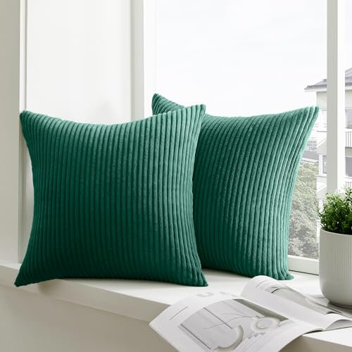mosayt Kissenbezug dunkle grün 40x40 2er Set Cord Sofakissen Couchkissen Dekokissen Kissenbezüge Kissenhüllen mit Streifenmuster Deko für Wohnzimmer Schlafzimmer Weihnachten