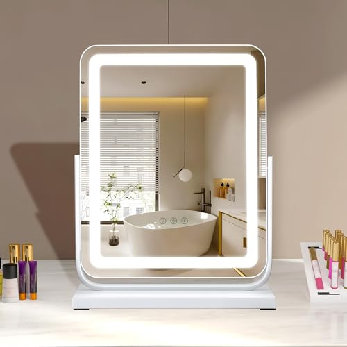 TYhogar Hollywood Tischspiegel mit Beleuchtung 40×47cm, 3 Farbmodi Touch Steuerung, 360° Drehbar LED Kosmetikspiegel, Quadrat Makeup Mirror Schminktisch Spiegel