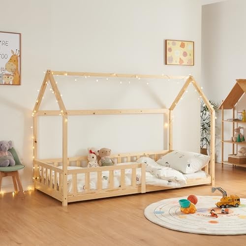 [en.casa] Kinderbett Hesel Hausbett Holzoptik 90 x 200 cm mit Rausfallschutz und Lattenrost Montessori Bodenbett Jugendbett Holzbett